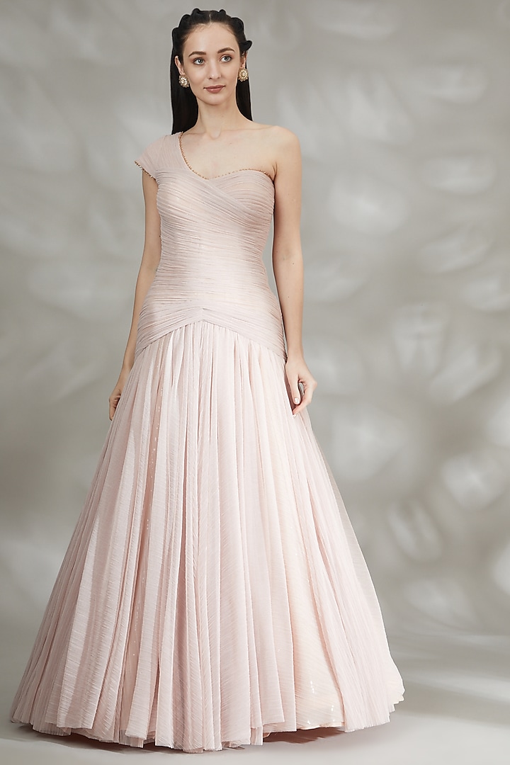 Blush Pink Tulle One Shoulder Gown by Tarun Tahiliani