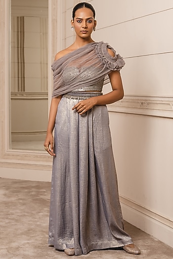 Oyster Foil Jersey Pleated Pant Set by Tarun Tahiliani
