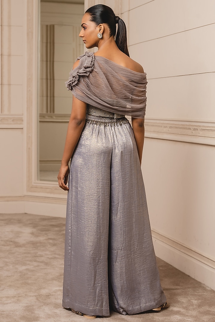 Oyster Foil Jersey Pleated Pant Set by Tarun Tahiliani at Pernia's Pop Up Shop