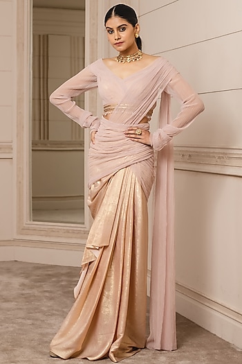 Tarun Tahiliani Blush Pink Foil Jersey Draped Concept Saree Set