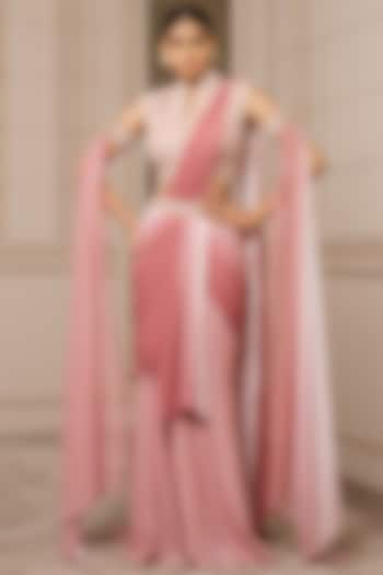 Blush Pink Shell Crinkle Tulle & Chiffon Embroidered Draped Saree Set by Tarun Tahiliani