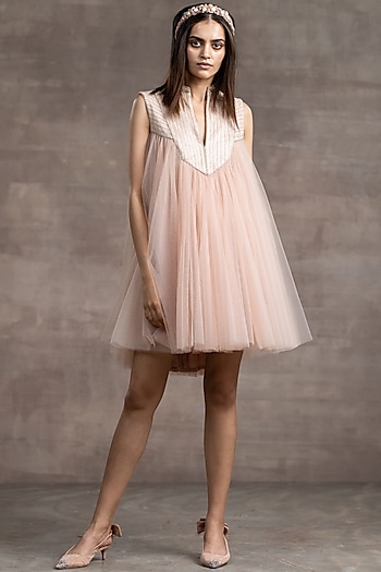 Blush Flared Mini Dress by Tarun Tahiliani