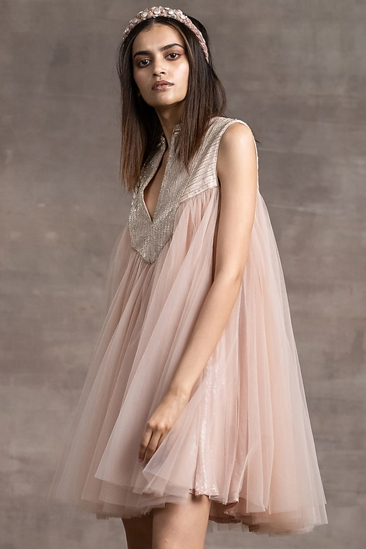 Blush Flared Mini Party Wear Dress by Tarun Tahiliani at Pernia's Pop Up Shop