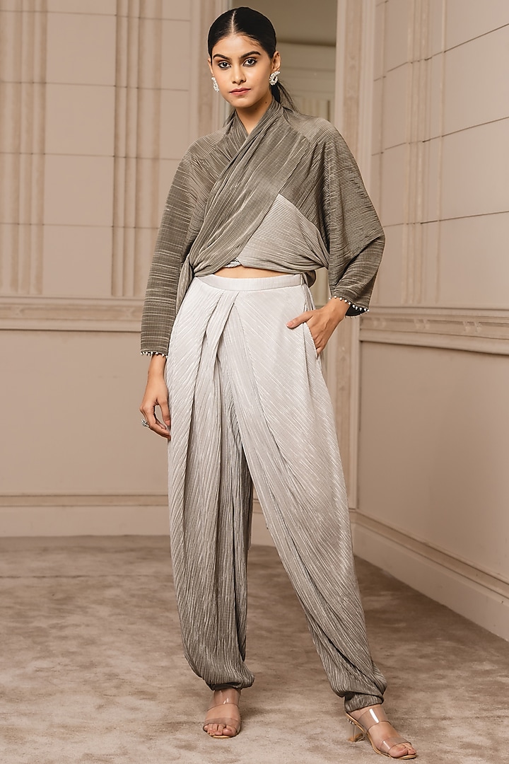 Oyster Foil Jersey Pleated Harem Pant Set by Tarun Tahiliani at Pernia's Pop Up Shop