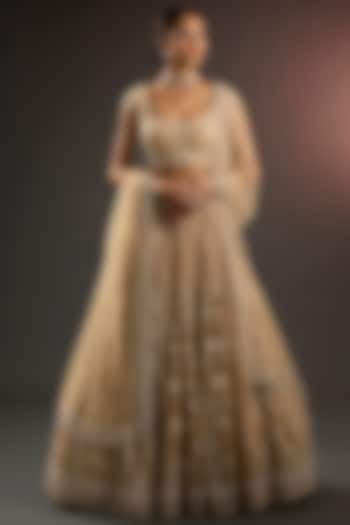 Ivory Soft Net Pearl & Sequins Embroidered Kalidar Bridal Lehenga Set by Tarun Tahiliani at Pernia's Pop Up Shop