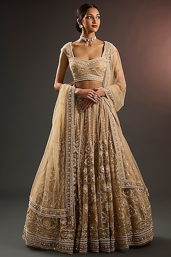 Ivory Soft Net Pearl & Sequins Embroidered Kalidar Lehenga Set by Tarun Tahiliani