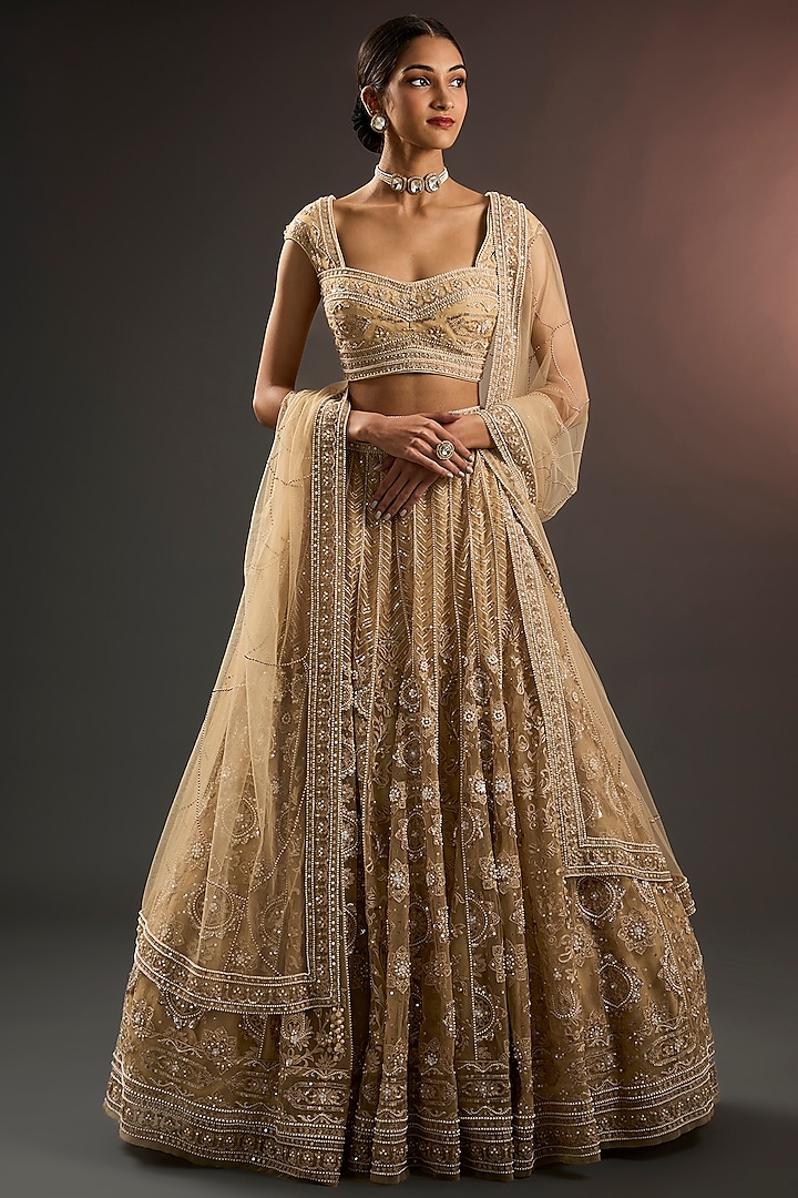 Ivory Soft Net Pearl & Sequins Embroidered Kalidar Bridal Lehenga Set by Tarun Tahiliani at Pernia's Pop Up Shop