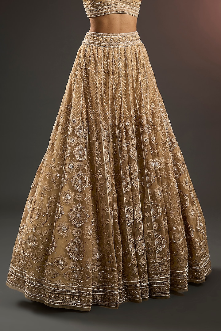 Ivory Soft Net Pearl & Sequins Embroidered Kalidar Bridal Lehenga Set by Tarun Tahiliani at Pernia's Pop Up Shop
