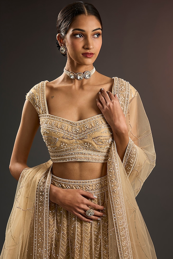 Ivory Soft Net Pearl & Sequins Embroidered Kalidar Bridal Lehenga Set by Tarun Tahiliani at Pernia's Pop Up Shop