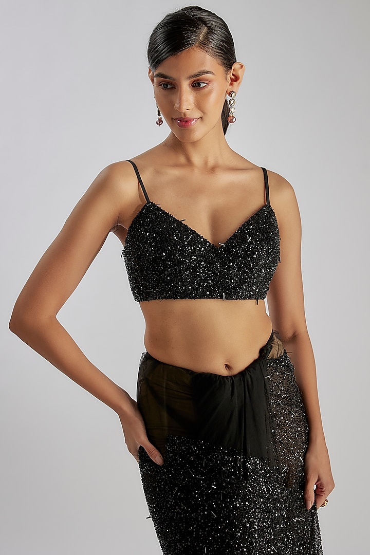 Black Tulle Embroidered Bridal Saree Set by Tarun Tahiliani at Pernia's Pop Up Shop