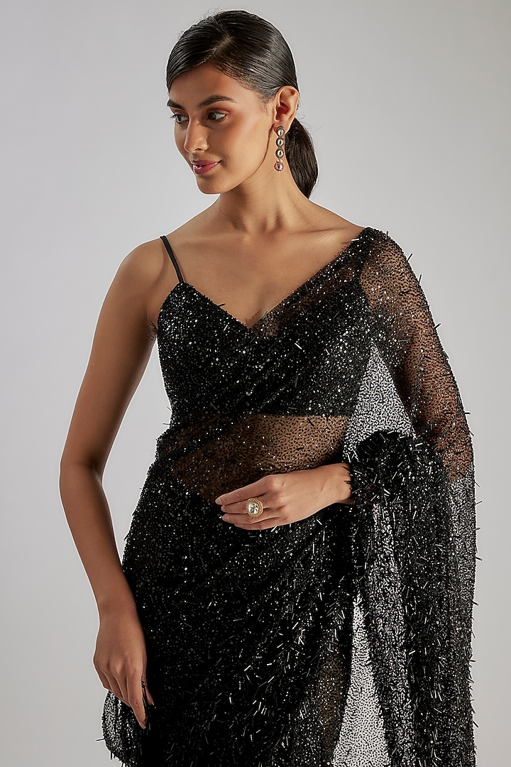 Black Tulle Embroidered Bridal Saree Set by Tarun Tahiliani at Pernia's Pop Up Shop