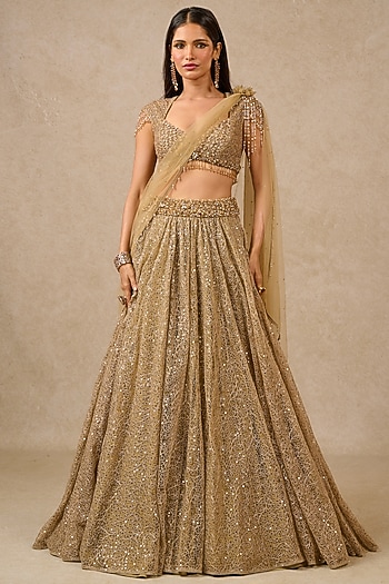 Oyster Sequins Tulle Draped Lehenga Set by Tarun Tahiliani