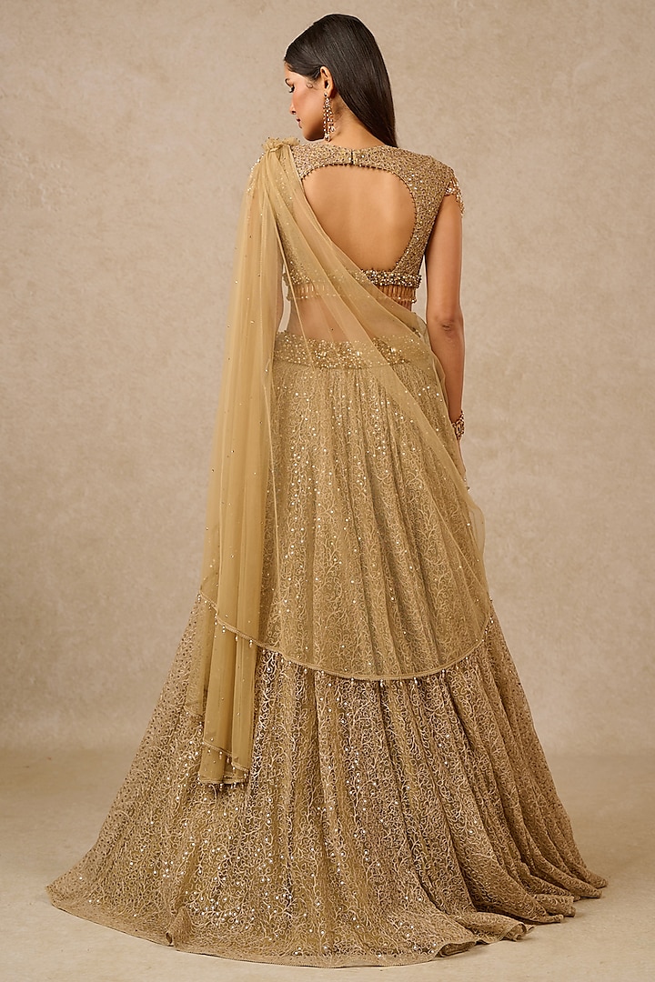 Oyster Sequins Tulle Draped Bridal Lehenga Set by Tarun Tahiliani at Pernia's Pop Up Shop