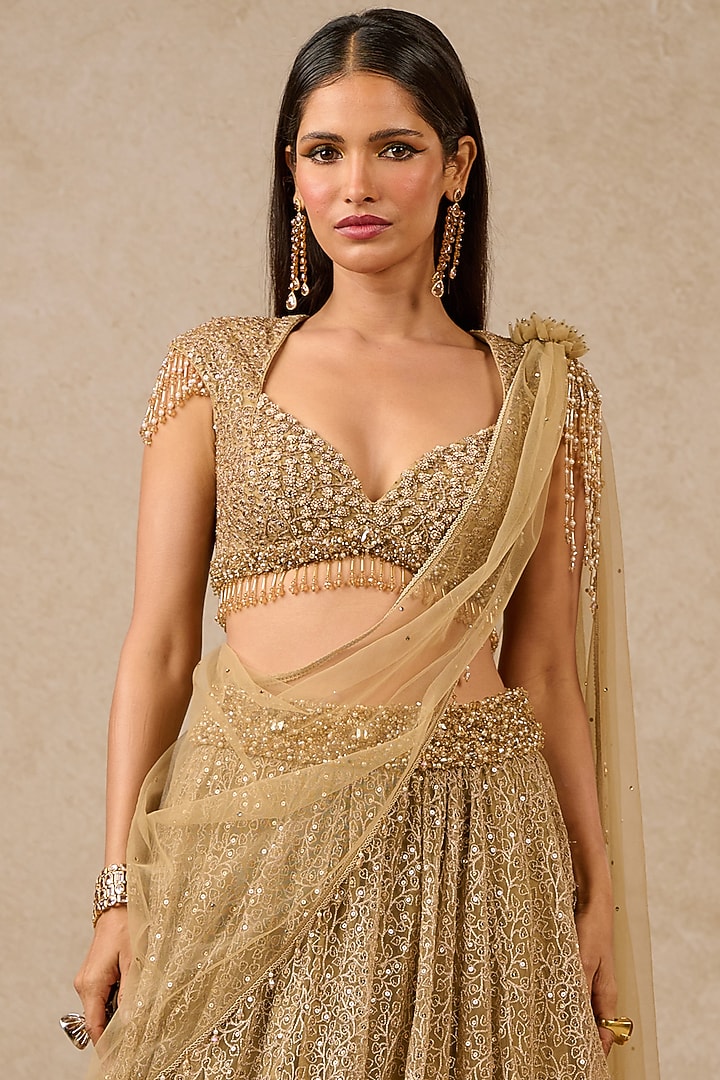 Oyster Sequins Tulle Draped Bridal Lehenga Set by Tarun Tahiliani at Pernia's Pop Up Shop