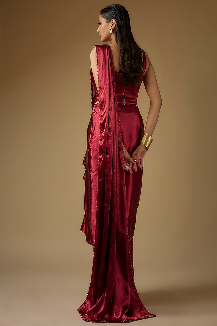 Maroon Luxury Satin Draped Concept Reception Saree Set by Tarun Tahiliani at Pernia's Pop Up Shop