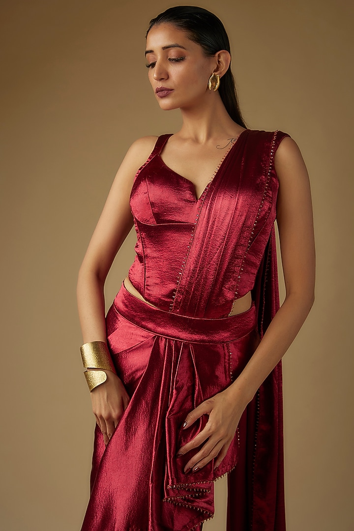 Maroon Luxury Satin Draped Concept Reception Saree Set by Tarun Tahiliani at Pernia's Pop Up Shop