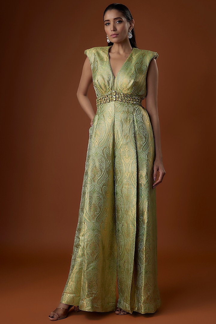 Green Brocade Jewels Embroidered Jumpsuit by Tarun Tahiliani at Pernia's Pop Up Shop