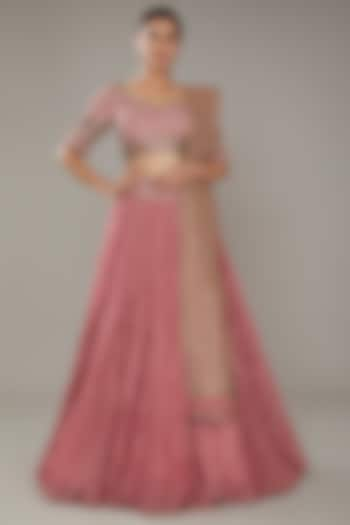 Pink Zari Striped Chanderi Embroidered Crushed Bridal Lehenga Set by Tarun Tahiliani at Pernia's Pop Up Shop