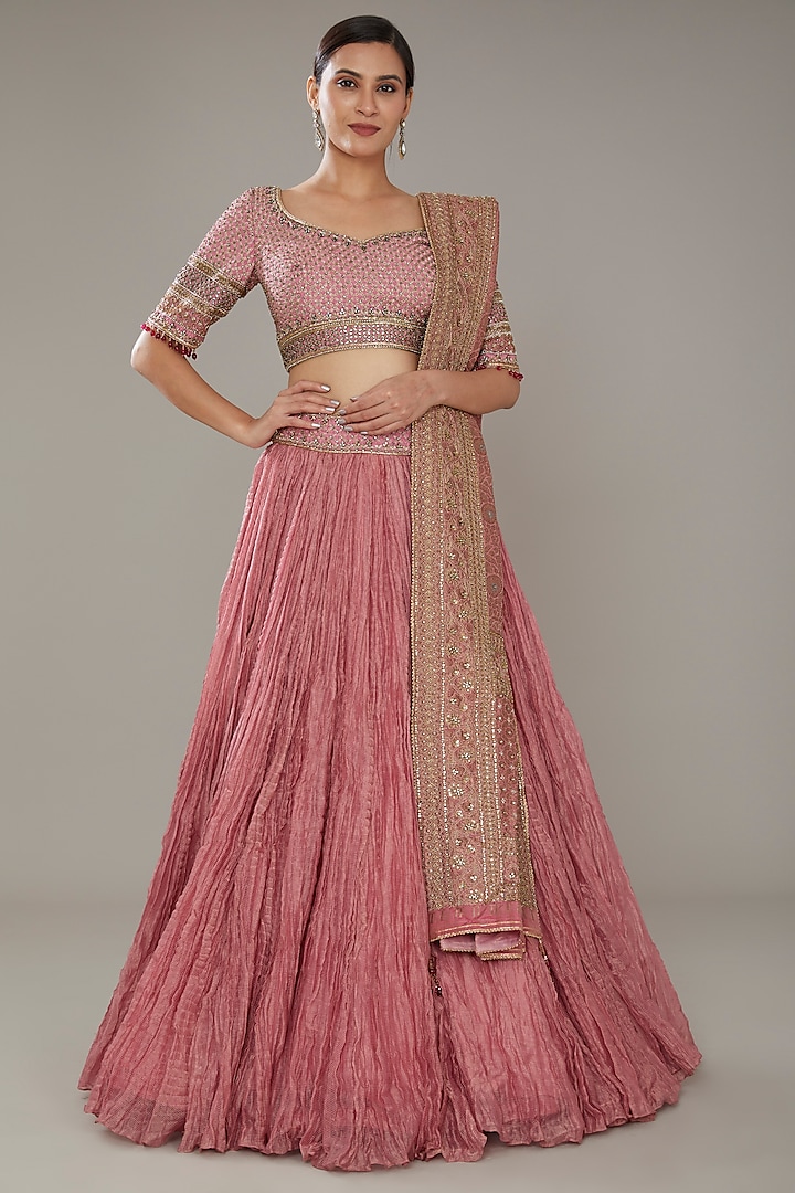 Pink Zari Striped Chanderi Embroidered Crushed Bridal Lehenga Set by Tarun Tahiliani at Pernia's Pop Up Shop