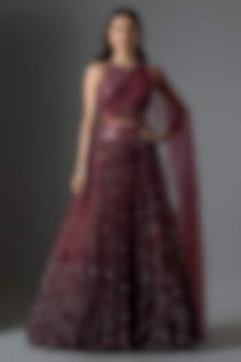 Wine Sequins Embroidered Bridal Lehenga Set by Tarun Tahiliani at Pernia's Pop Up Shop