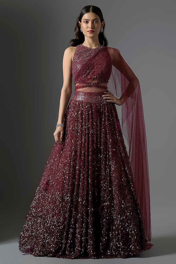 Wine Sequins Embroidered Bridal Lehenga Set by Tarun Tahiliani at Pernia's Pop Up Shop