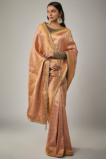 Blush Pink Brocade Embroidered Handwoven Saree Set by Tarun Tahiliani