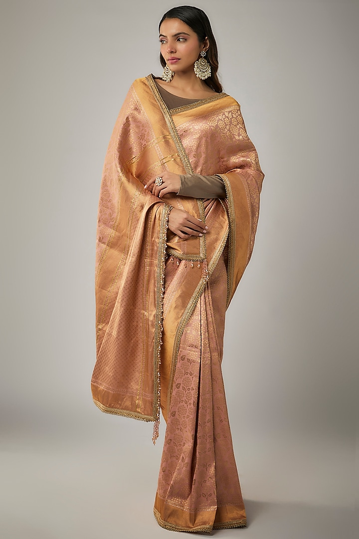 Blush Pink Brocade Embroidered Handwoven Reception Saree Set by Tarun Tahiliani at Pernia's Pop Up Shop