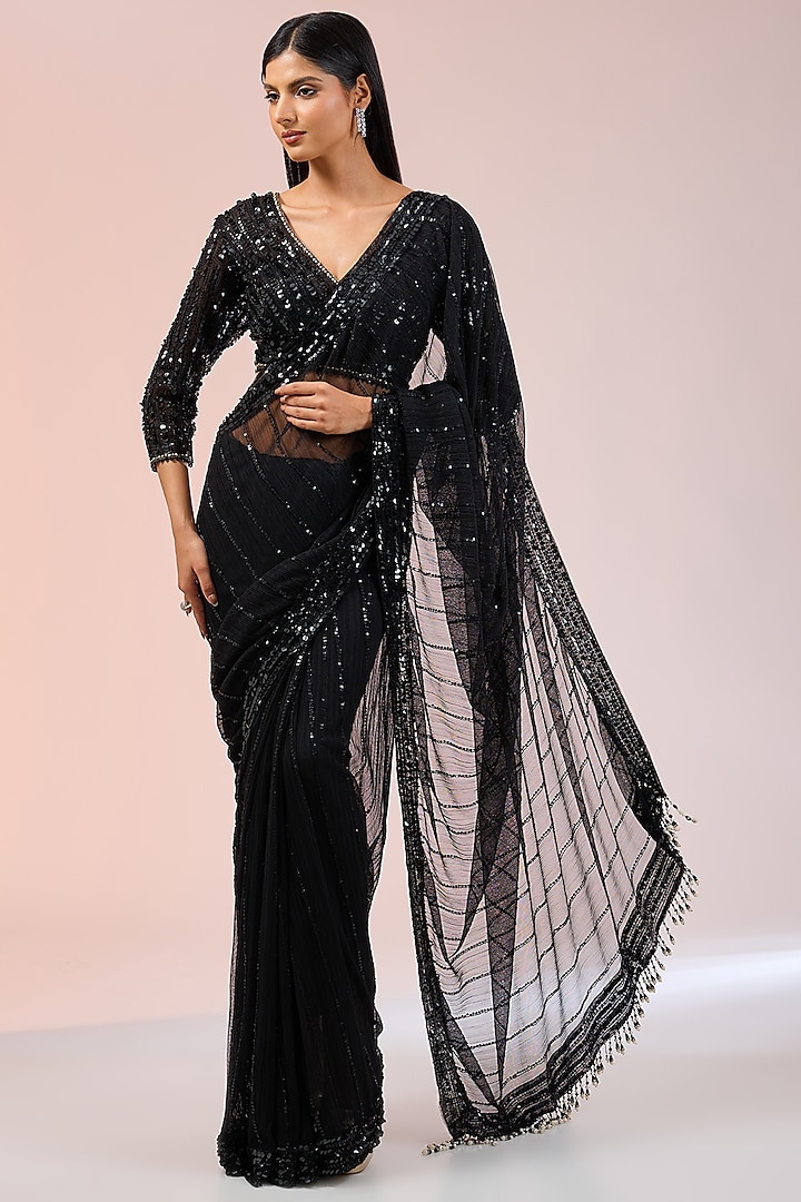 Black Georgette Bridal Saree Set by Tarun Tahiliani at Pernia's Pop Up Shop