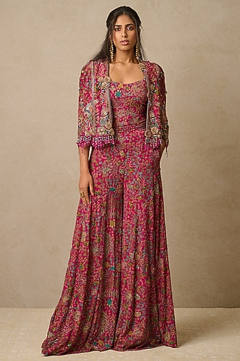 Multi-Colored Georgette Embroidered Jumpsuit With Gilet by Tarun Tahiliani