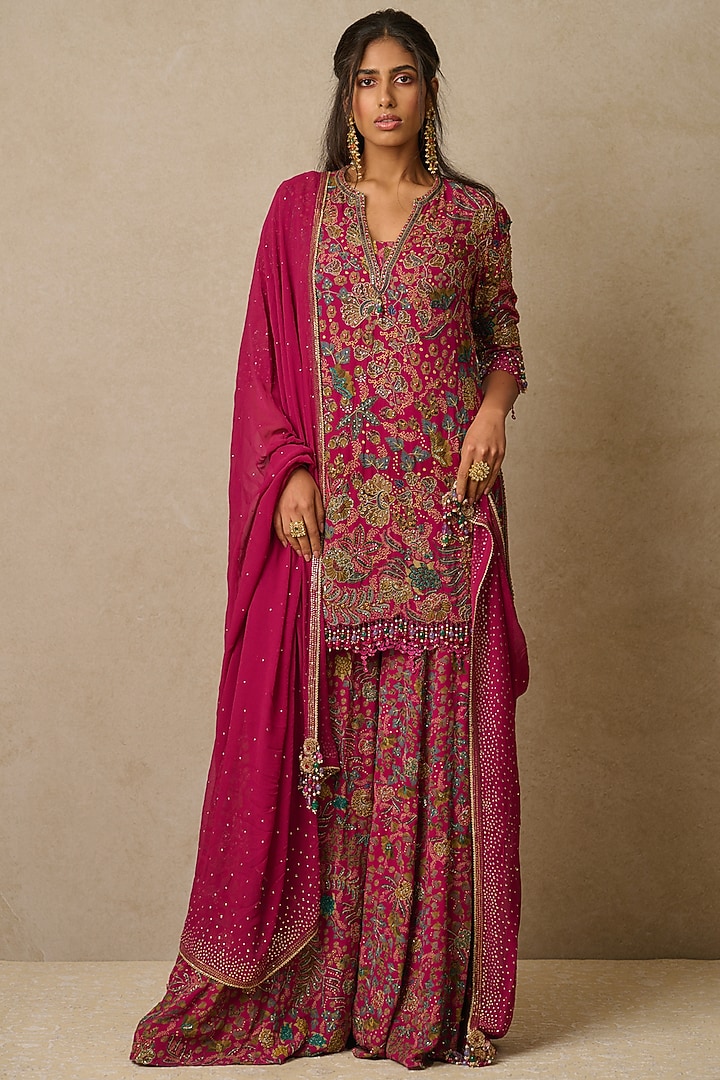 Pink Georgette Printed & Embroidered Bridal Sharara Set by Tarun Tahiliani at Pernia's Pop Up Shop