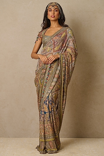 Multi-Colored Georgette Embroidered Saree Set by Tarun Tahiliani