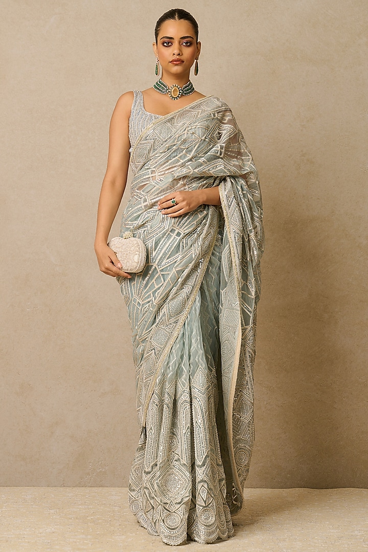 Tarun Tahiliani - Powder Blue Tulle & Sheer Tulle Embellished Designer Saree Set for Women at Pernia's Pop-Up Shop