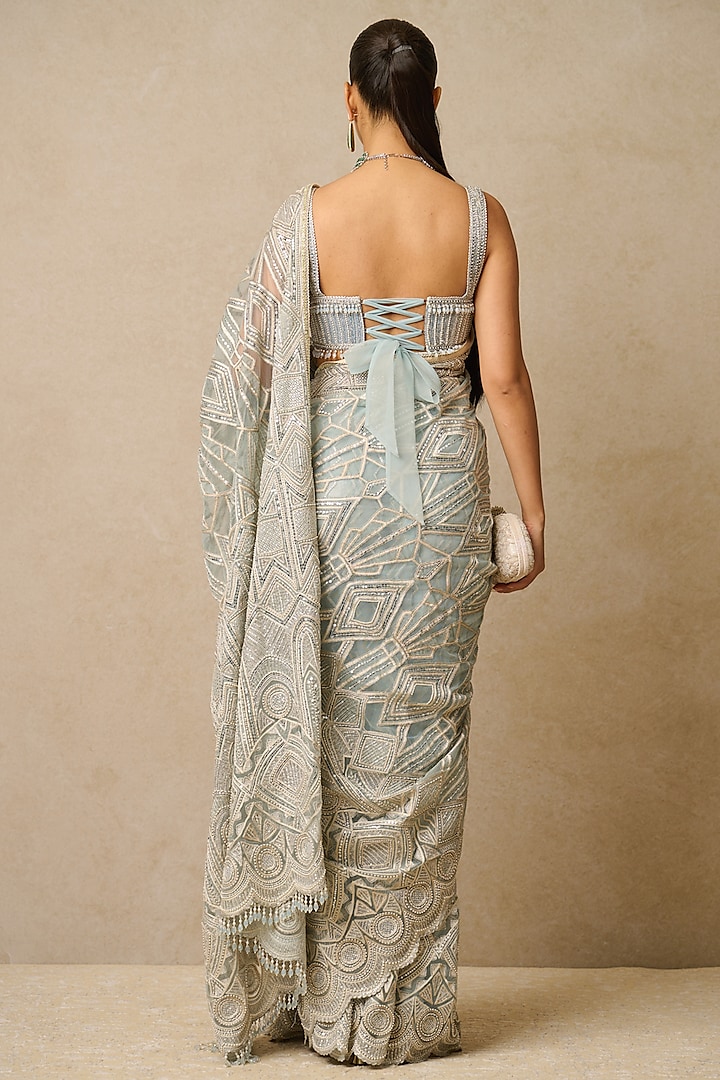 Tarun Tahiliani - Powder Blue Tulle & Sheer Tulle Embellished Designer Saree Set for Women at Pernia's Pop-Up Shop