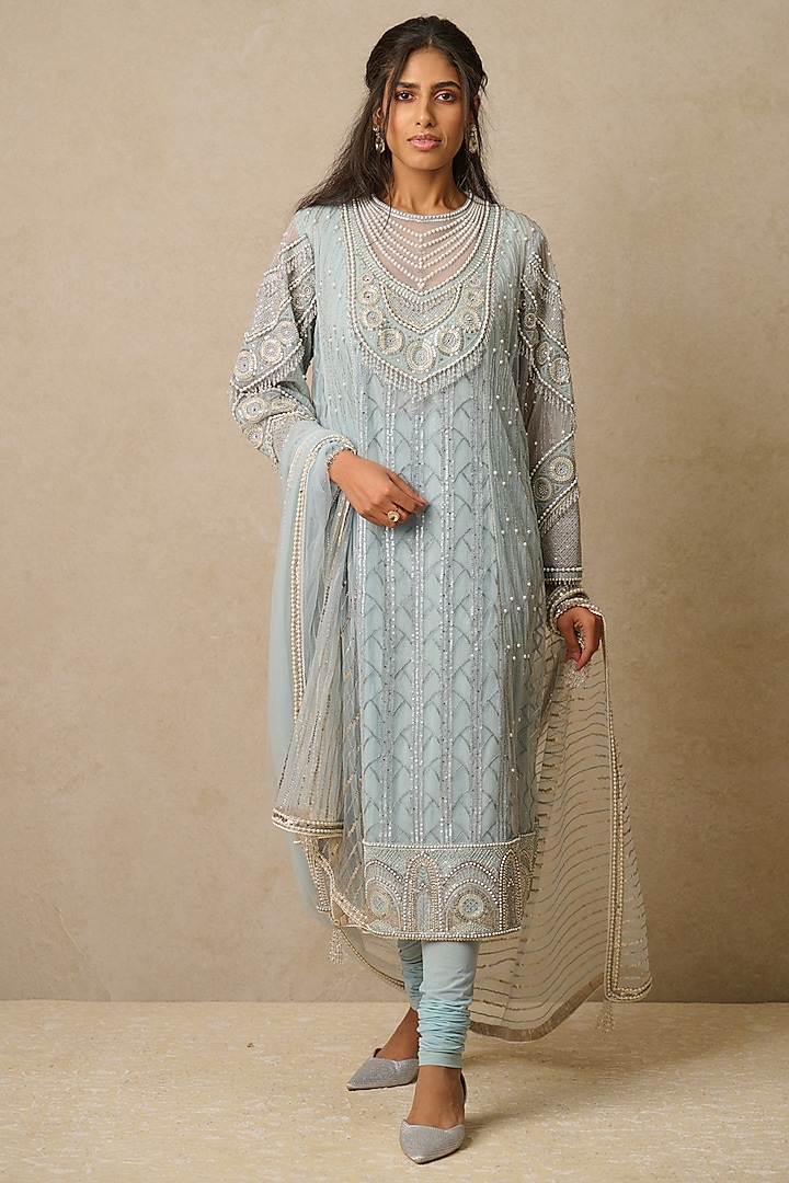 Powder Blue Tulle Embellished Kurta Set by Tarun Tahiliani at Pernia's Pop Up Shop