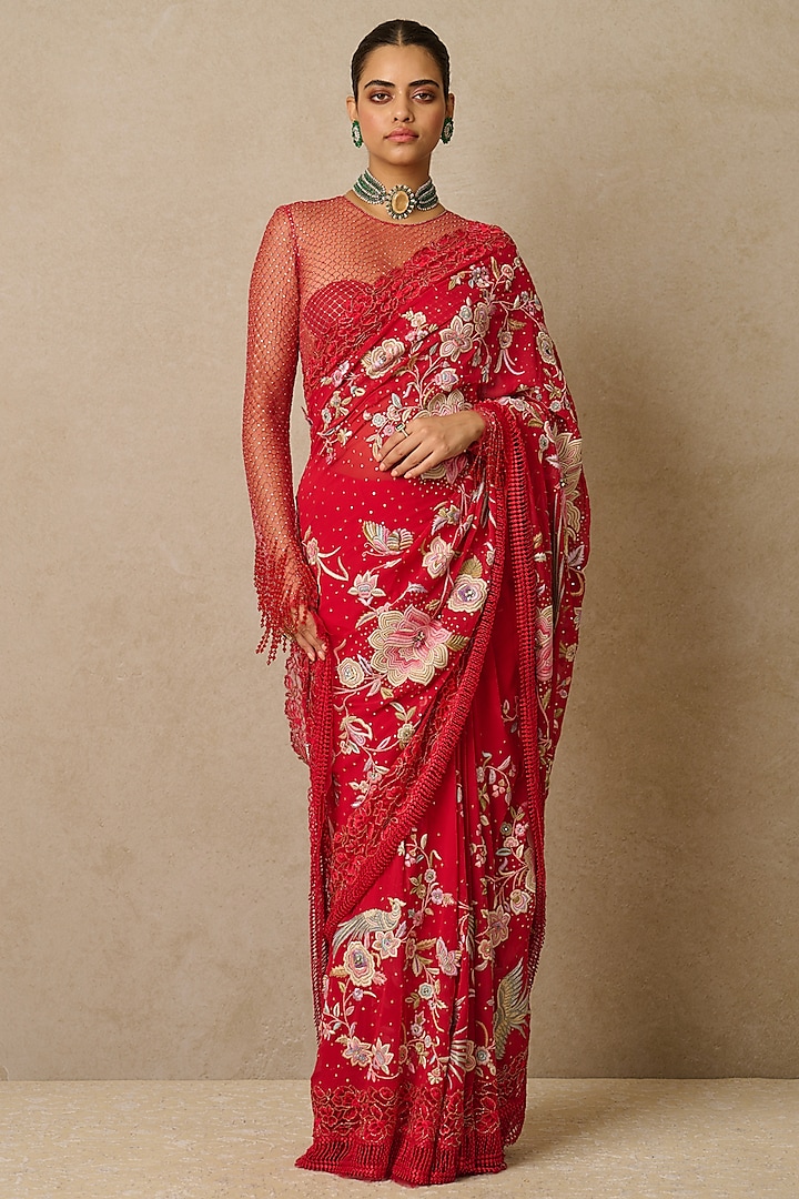 Red Georgette Embroidered Saree Set by Tarun Tahiliani