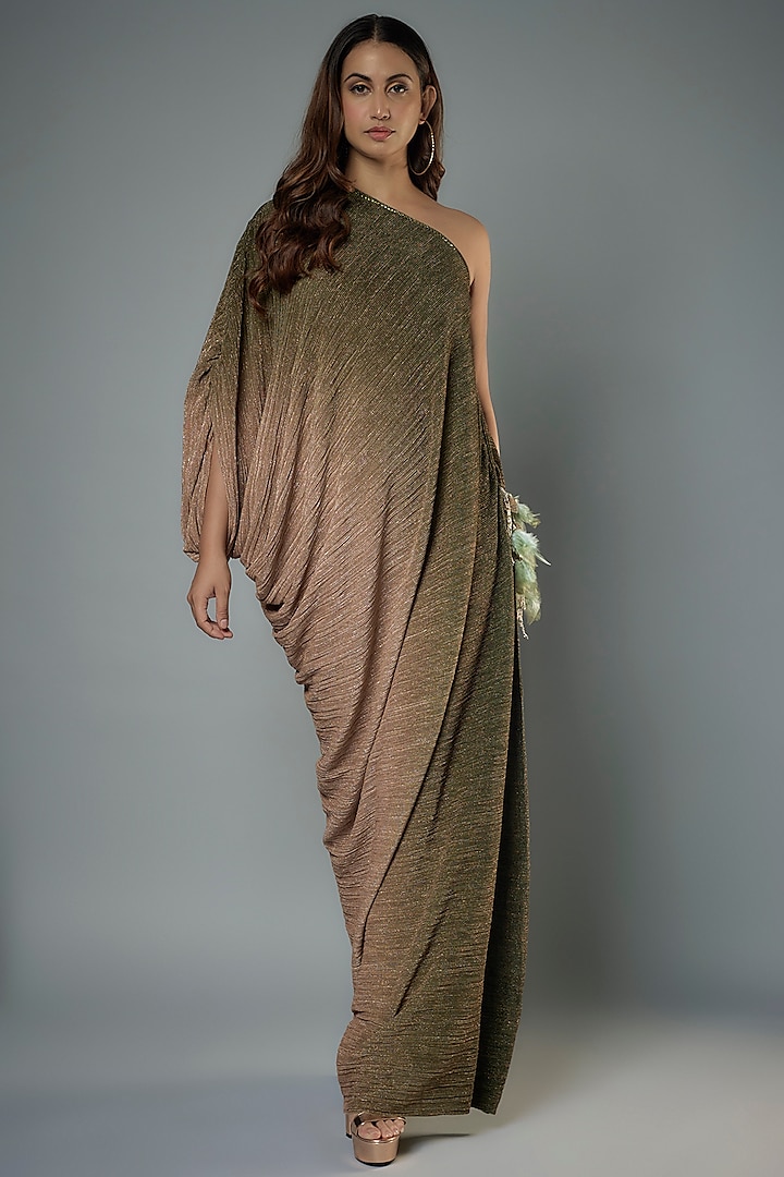 Brown Metallic Crinkle Fabric Gown by Tarun Tahiliani