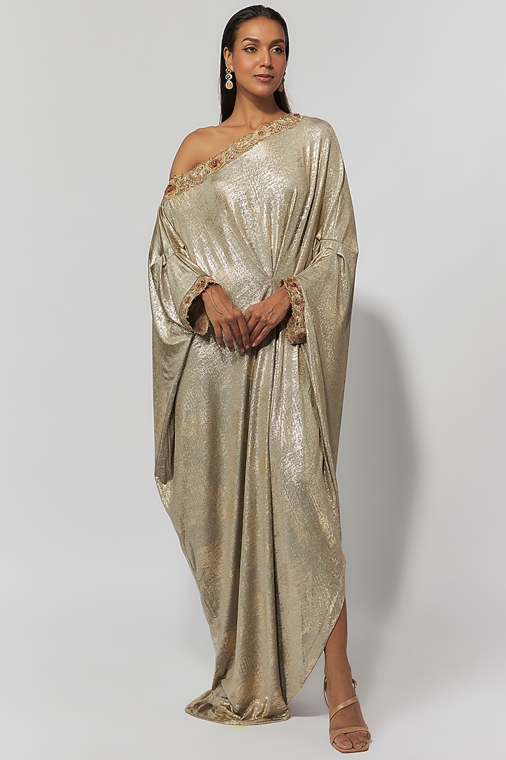 Ivory Foil Jersey Gara Embroidered Asymmetric Party Wear Dress by Tarun Tahiliani at Pernia's Pop Up Shop