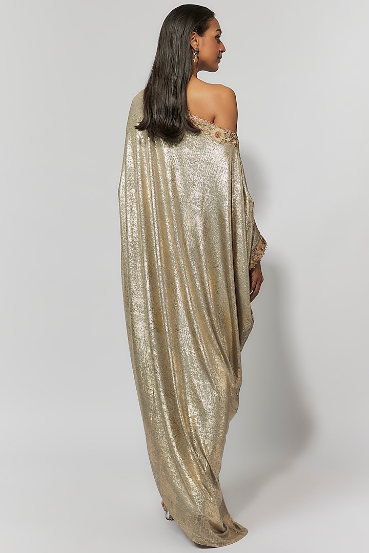 Ivory Foil Jersey Gara Embroidered Asymmetric Party Wear Dress by Tarun Tahiliani at Pernia's Pop Up Shop