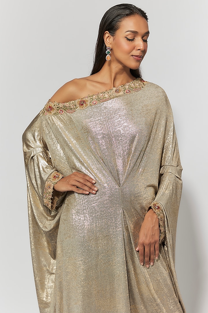 Ivory Foil Jersey Gara Embroidered Asymmetric Party Wear Dress by Tarun Tahiliani at Pernia's Pop Up Shop