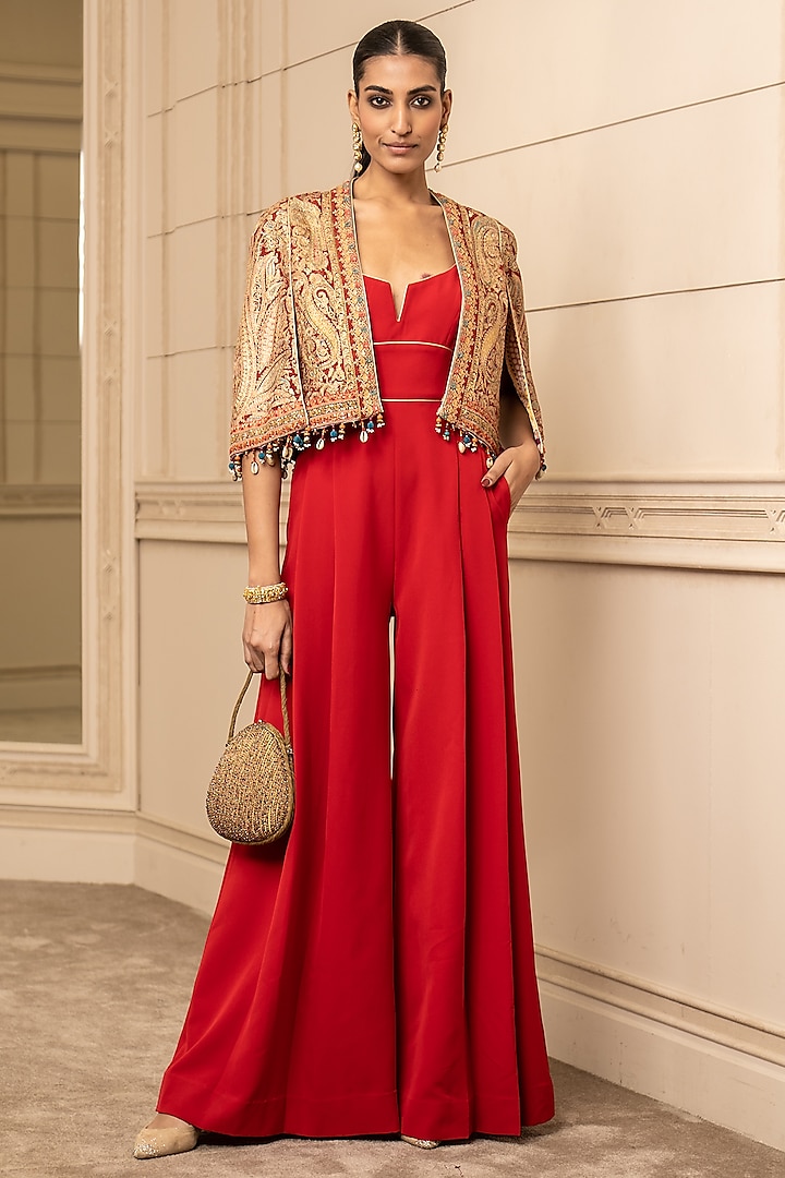 Red Crepe Jumpsuit by Tarun Tahiliani