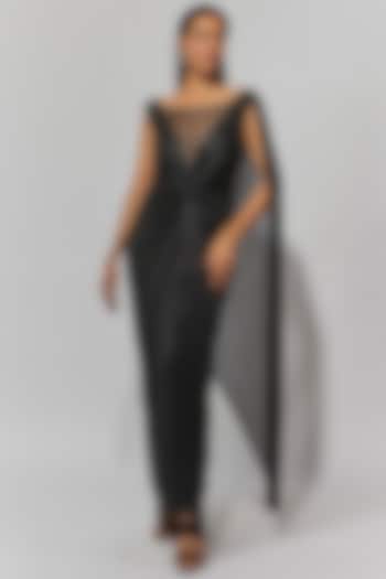 Black Metallic Crinkle Draped Party Wear Dress by Tarun Tahiliani at Pernia's Pop Up Shop