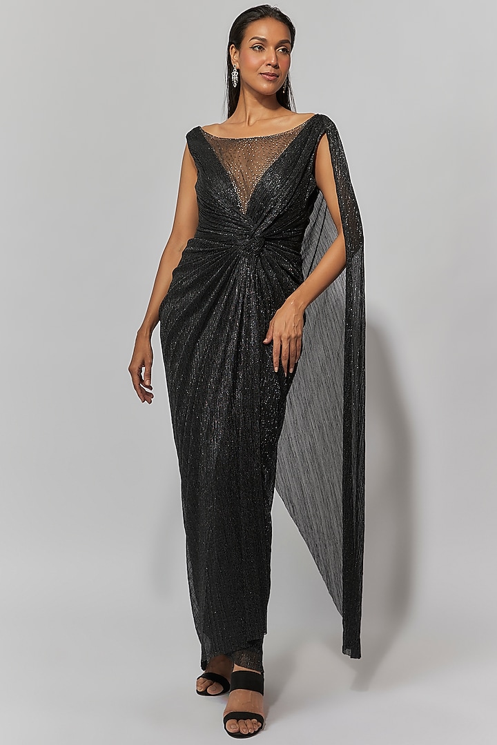 Black Metallic Crinkle Draped Party Wear Dress by Tarun Tahiliani at Pernia's Pop Up Shop