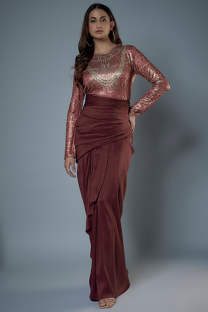 Maroon Silk Dupion Draped Skirt Set by Tarun Tahiliani at Pernia's Pop Up Shop