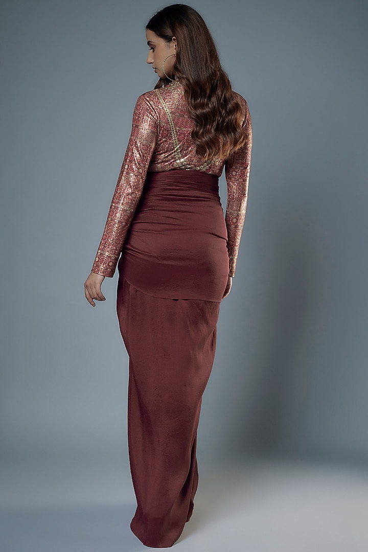 Maroon Silk Dupion Draped Skirt Set by Tarun Tahiliani at Pernia's Pop Up Shop