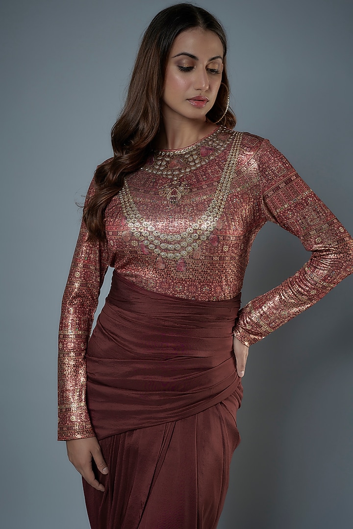 Maroon Silk Dupion Draped Skirt Set by Tarun Tahiliani at Pernia's Pop Up Shop