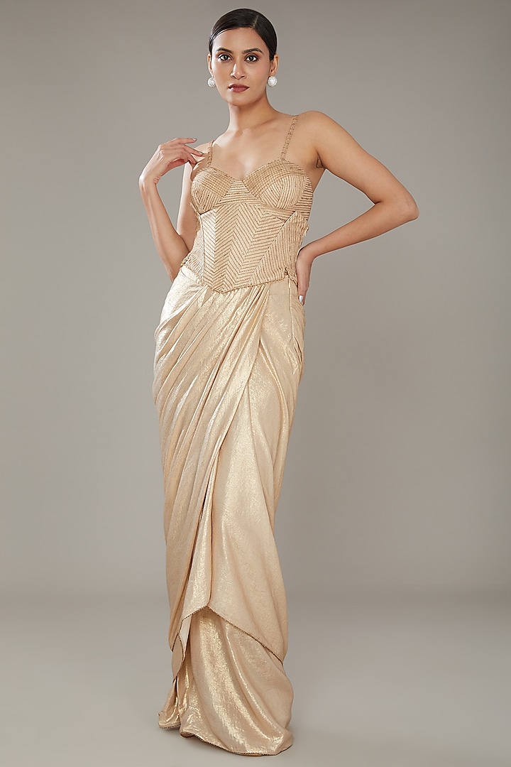 Metallic Gold Shimmer Draped Skirt Set by Tarun Tahiliani at Pernia's Pop Up Shop