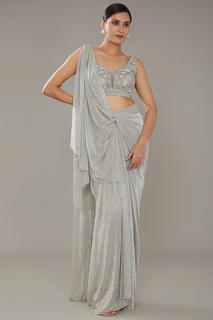 Silver Foil Crinkle Hand Embellished Draped Concept Saree Set by Tarun Tahiliani at Pernia's Pop Up Shop