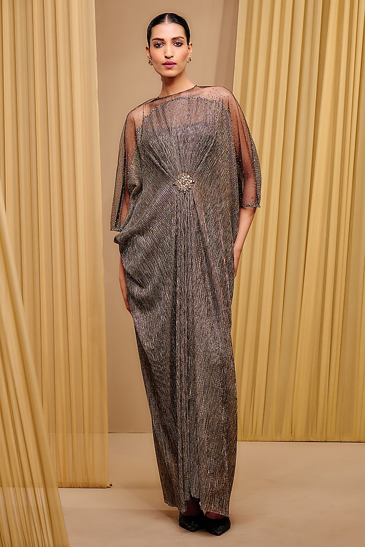 Antique Gold Crinkle Tulle Kaftan Dress by Tarun Tahiliani at Pernia's Pop Up Shop