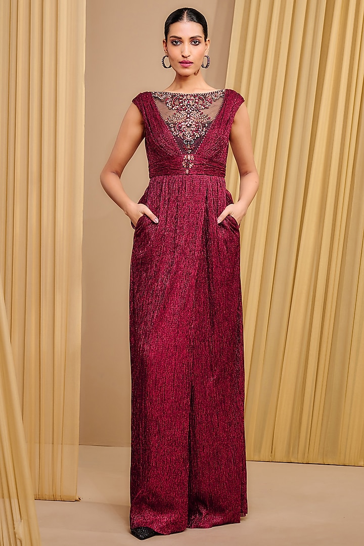 Wine Crinkle Tulle Embellished Jumpsuit by Tarun Tahiliani at Pernia's Pop Up Shop