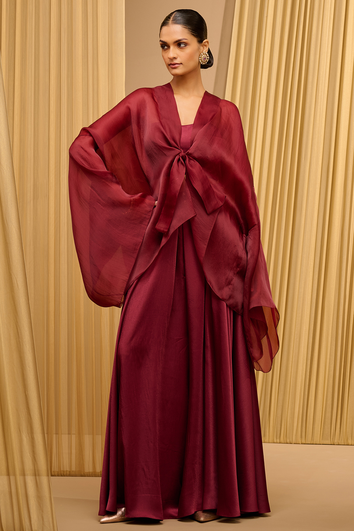Wine Organza Satin Fluid Shirt by Tarun Tahiliani at Pernia's Pop Up Shop